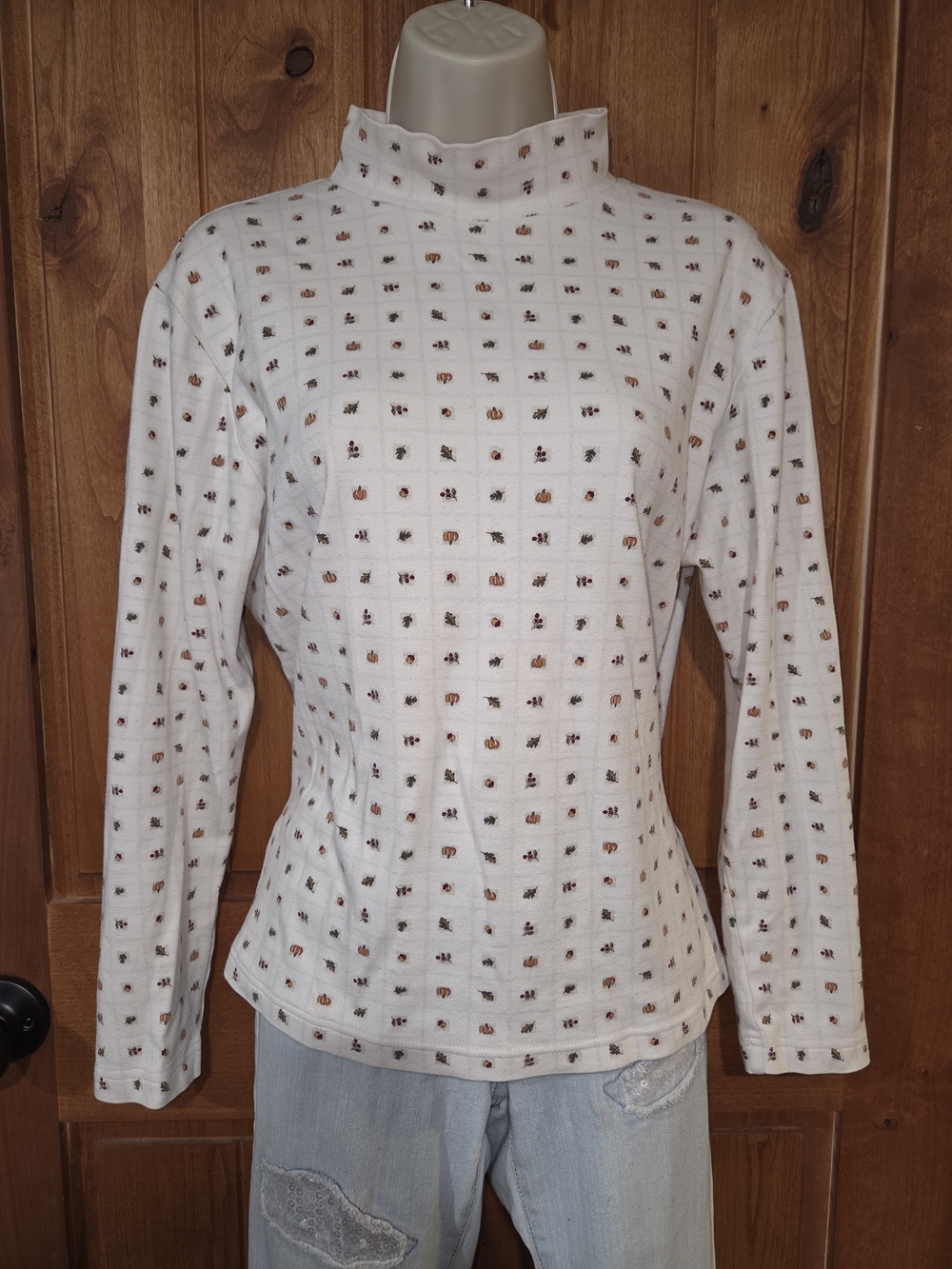 croft & barrow White Mock Neck Long Sleeve Top with Tiny‎ Autumn Grid